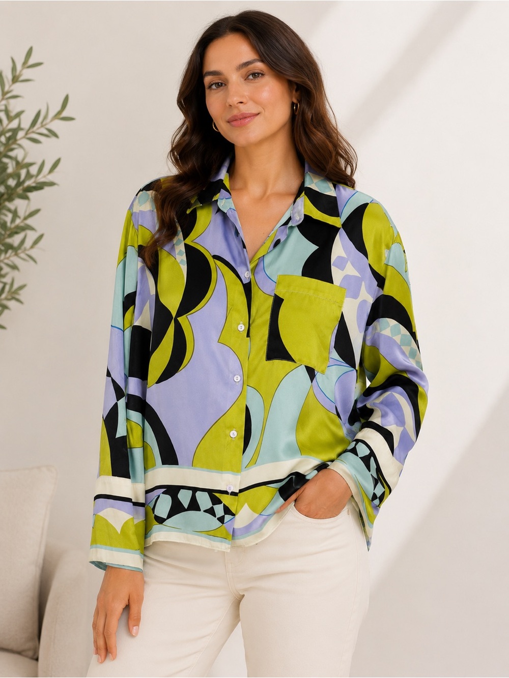 Zara‎ Multicolor Geometric Satin Button-Down Shirt S